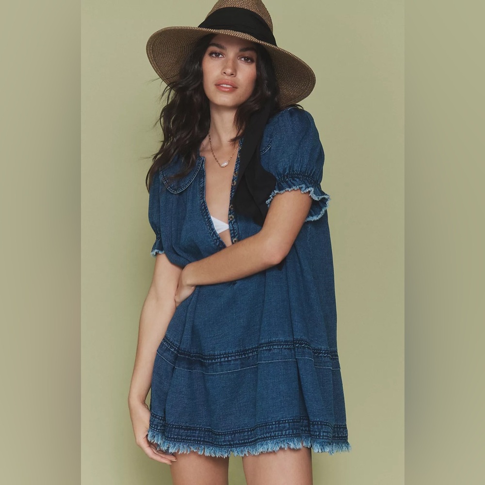 Pilcro Findley Puff-Sleeve Collared Mini Dress Denim